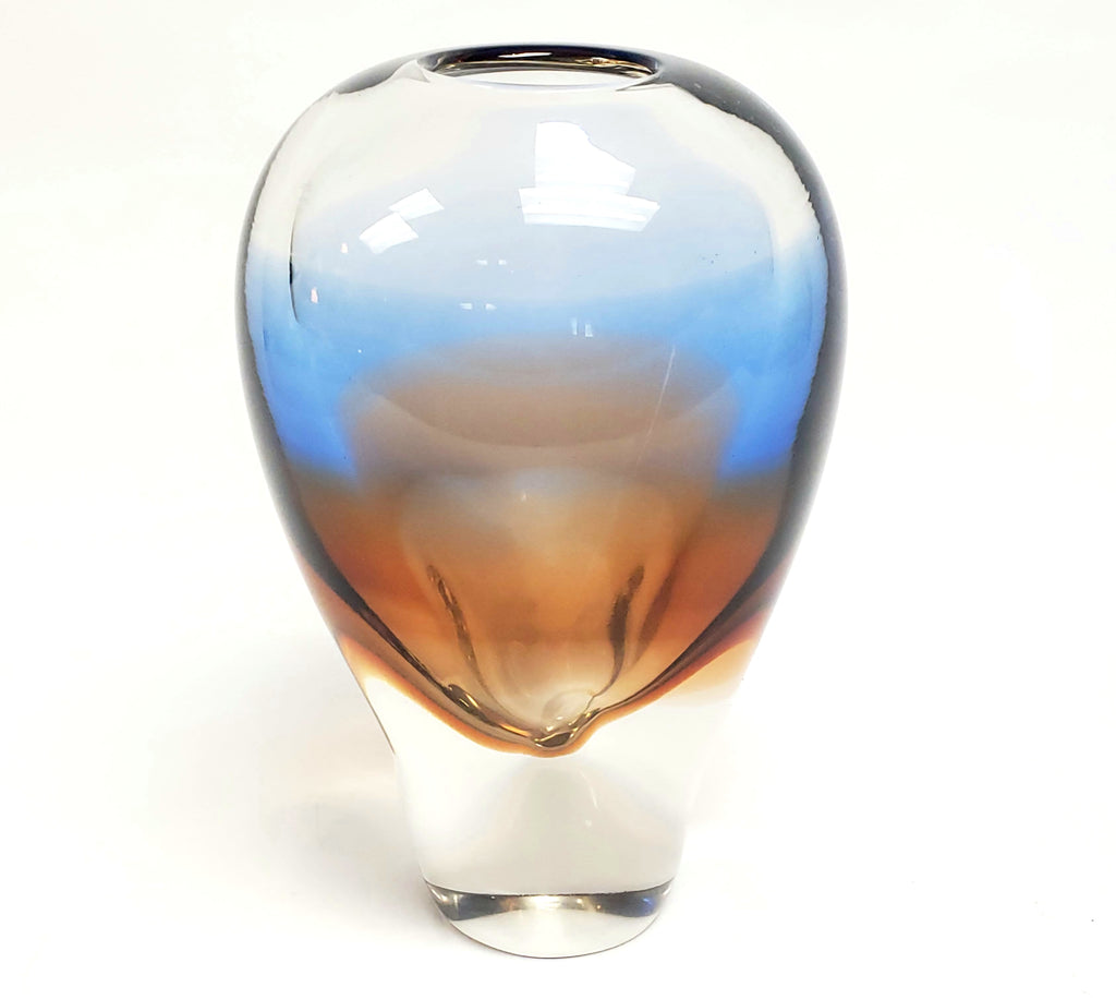 Mid-Century Blue and Burnt Umber Pinched Art Glass Vase