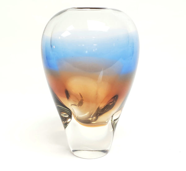 Mid-Century Blue and Burnt Umber Pinched Art Glass Vase, 8 Pounds
