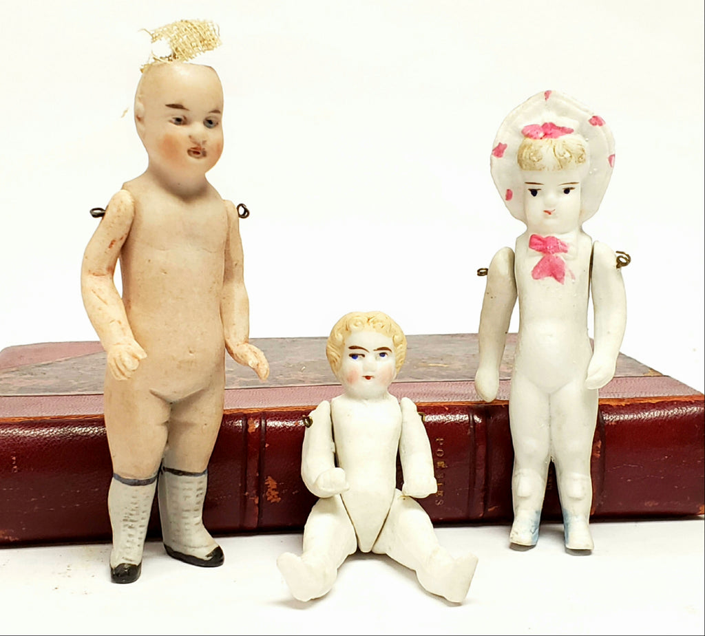 Pair Antique All Bisque Dolls Molded Hair Boy Doll Baby or Boy 