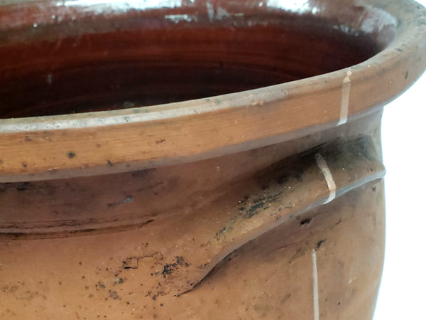 Large Antique Redware Pottery Crock with Double Tab Handles