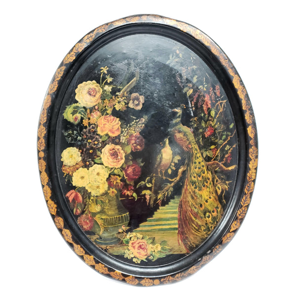 Antique Large 24 in Oval Decorated Toleware Tray with Elegant Peacocks and Floral