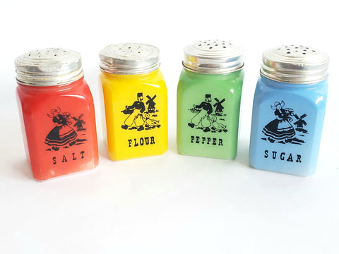 Original Fired On Colored Milk Glass Shaker Set of 4 Dutch Theme by Hazel Atlas