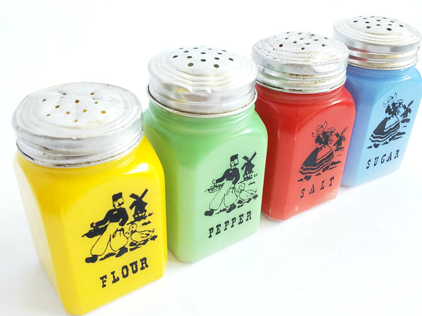 Original Fired On Colored Milk Glass Shaker Set of 4 Dutch Theme by Hazel Atlas