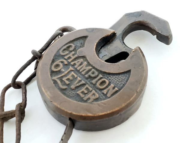 Antique Brass Champion 6-Lever Push Key Padlock w/ Key and Chain