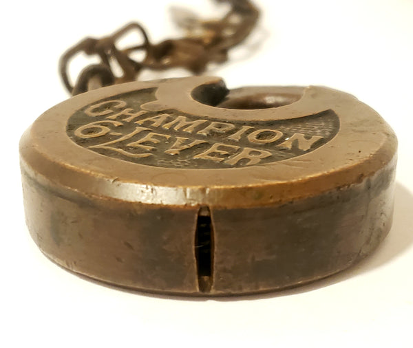 Antique Brass Champion 6-Lever Push Key Padlock w/ Key and Chain