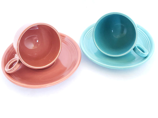 Vintage Genuine Fiesta 7 pc Collection Tea Cups, Saucers Plates by Homer Laughlin U.S.A.