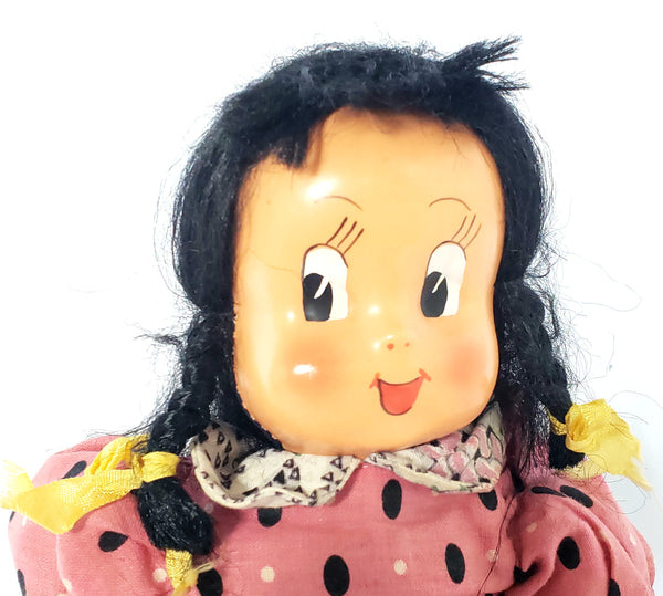Little Lulu Poland Stuffed Cloth Doll 15" Hard Plastic Mask Face-Jointed-Black Hair ~1940's - 50's