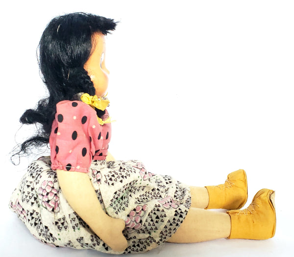 Little Lulu Poland Stuffed Cloth Doll 15" Hard Plastic Mask Face-Jointed-Black Hair ~1940's - 50's