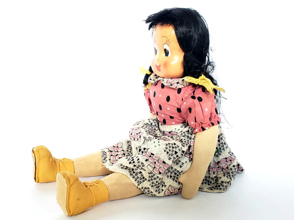 Little Lulu Poland Stuffed Cloth Doll 15" Hard Plastic Mask Face-Jointed-Black Hair ~1940's - 50's