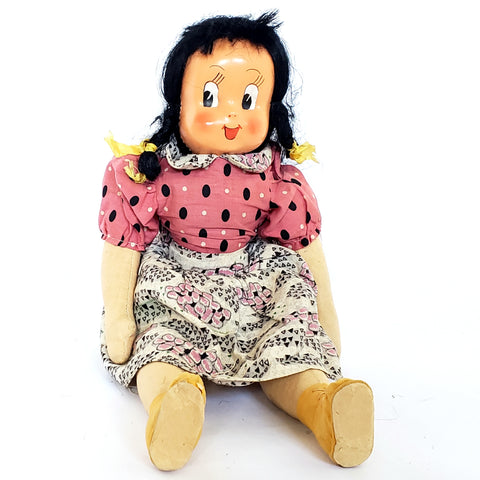 Little Lu Lu Poland Stuffed Cloth Doll 15" Hard Plastic Mask Face-Jointed-Black Hair ~1940's - 50's