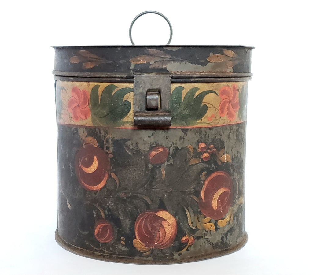 Antique Hand Painted Lidded Toleware Tin Canister 7 1/4"