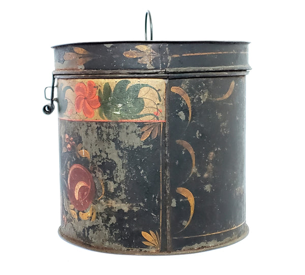Antique Hand Painted Lidded Toleware Tin Canister 7 1/4"