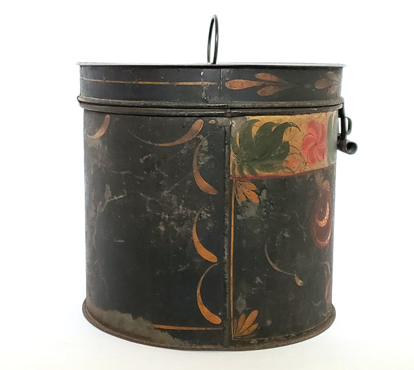 Antique Hand Painted Lidded Toleware Tin Canister 7 1/4"