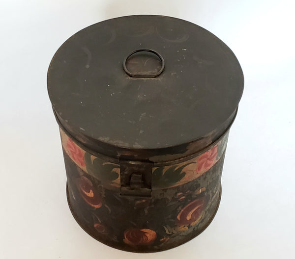 Antique Hand Painted Lidded Toleware Tin Canister 7 1/4"