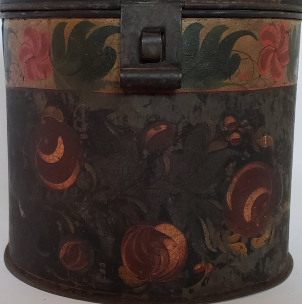 Antique Hand Painted Lidded Toleware Tin Canister 7 1/4"