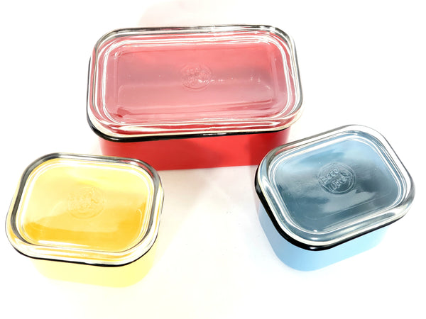 Mid Century Enameled Refrigerator Dishes w/ Glass Lids - Set of 3 by Beco Ware