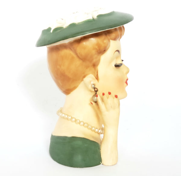 Mid-Century Lady Head Vase - Planter in Green Labeled Lee Wards Japan