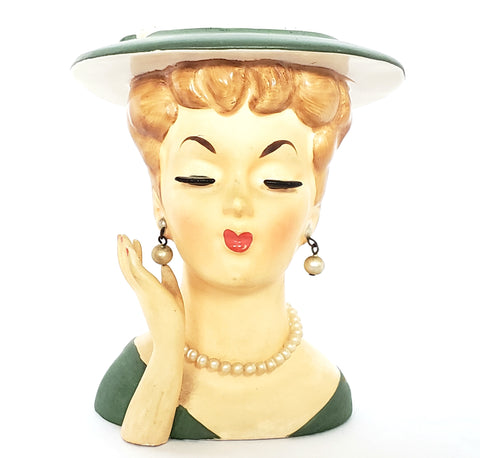 Mid-Century Lady Head Vase - Planter in Green Labeled Lee Wards Japan