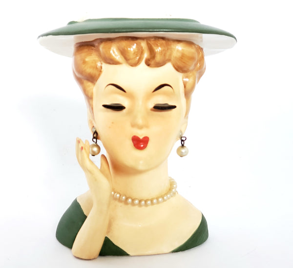 Mid-Century Lady Head Vase - Planter in Green Labeled Lee Wards Japan
