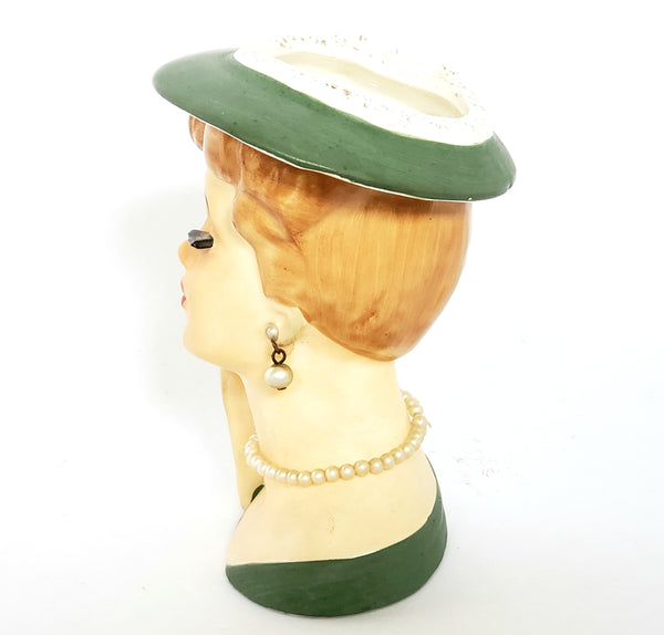Mid-Century Lady Head Vase - Planter in Green Labeled Lee Wards Japan