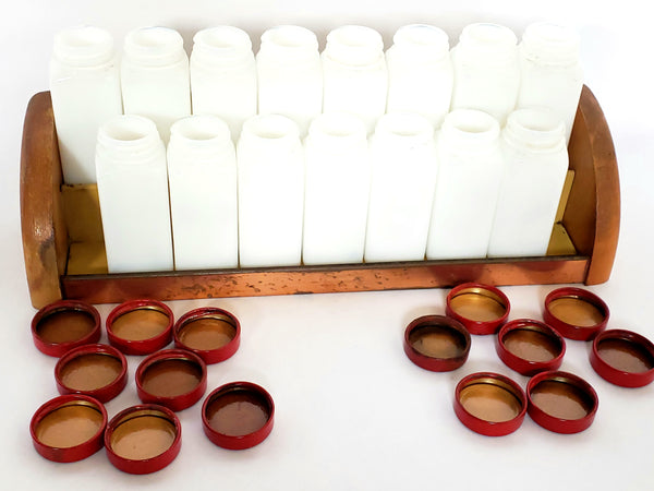 Set of 15 White Milk Glass Spice Jars w/ Red Metal Lids & Rack - Griffith ~ 1940's