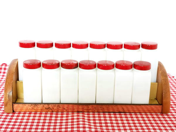 Set of 15 White Milk Glass Spice Jars w/ Red Metal Lids & Rack - Griffith ~ 1940's