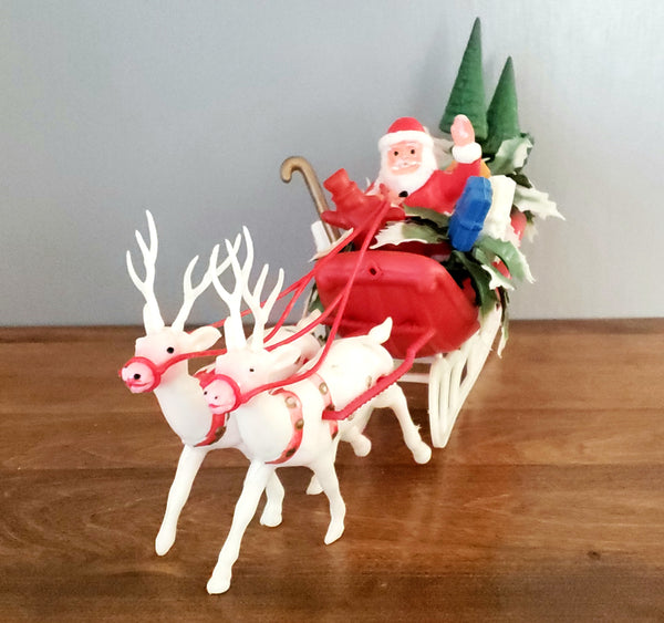 Vintage Plastic Santa on Sleigh w/ Two Reindeer, Snowmen and Presents ~ Mid Century