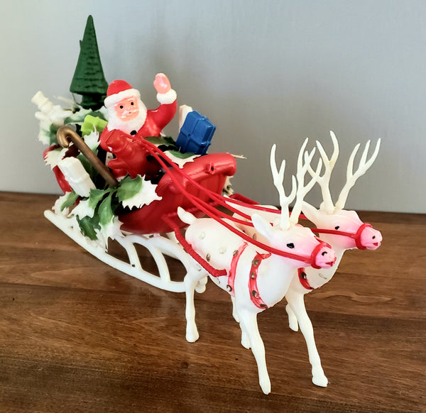 Vintage Plastic Santa Figurines w/ Two Reindeer, Snowmen and Presents in Sleigh ~ Mid Century