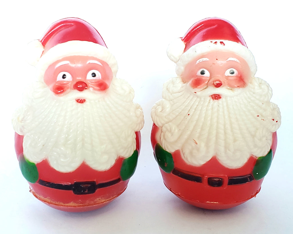 Roly Poly Chiming Santa Clause - Hard Plastic Toy Figurines - Set of 2 ~ Mid Century