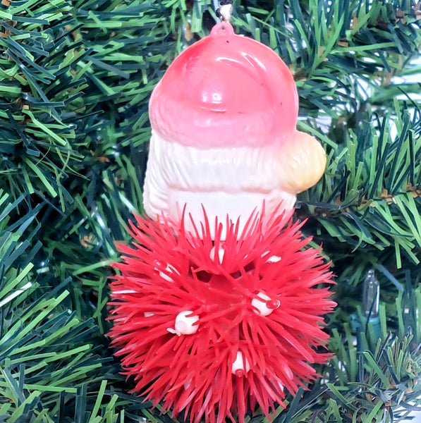 Mid Century Plastic Santa Head Tree Ornament with Porcupine Ball Body - 4 inch