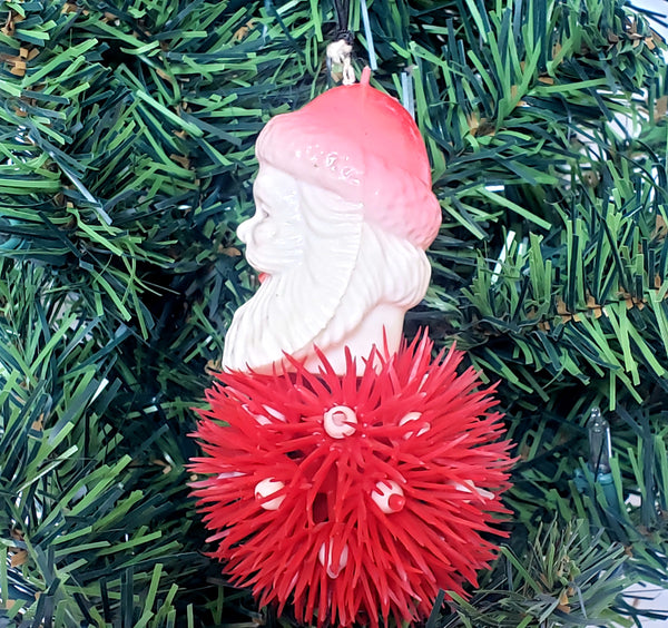 Mid Century Plastic Santa Head Tree Ornament with Porcupine Ball Body - 4 inch