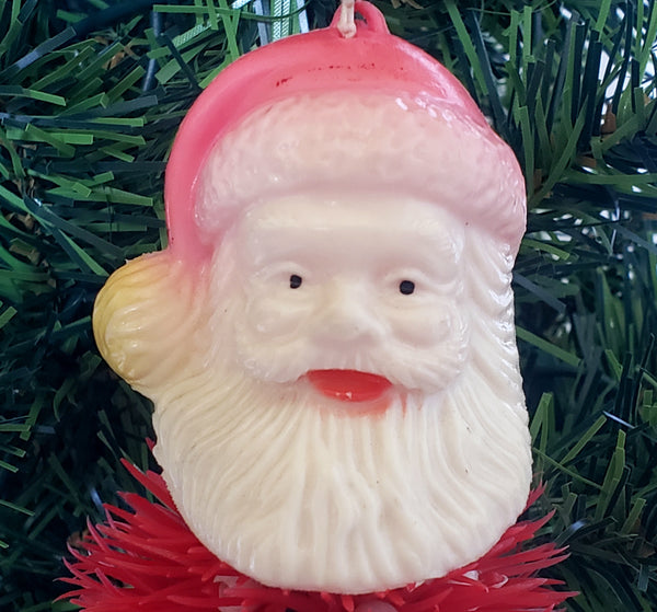 Mid Century Plastic Santa Head Tree Ornament with Porcupine Ball Body - 4 inch