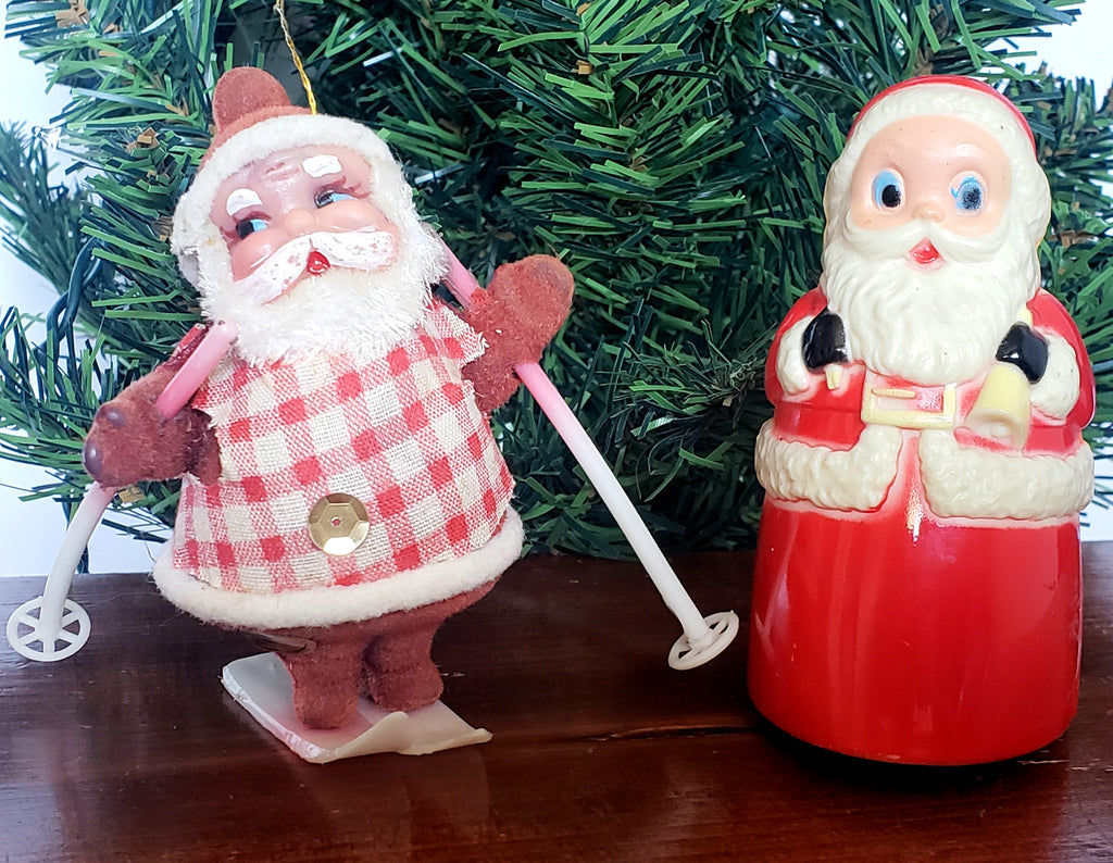 Pair of Santa Collectibles - Friction Wheeled Rolling Toy and Santa on Skis ~ Mid Century