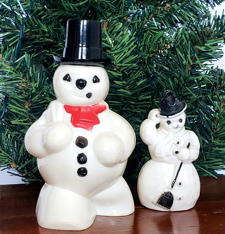 Pair of Mid Century Plastic Frosty Snowmen - Candy Container and Tree Ornament