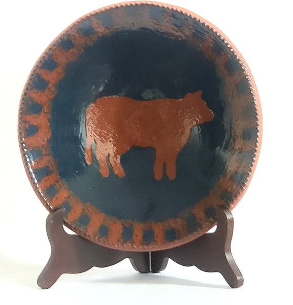 Early Pair of Ned Foltz Art Pottery Redware Plates - Cow and Pig c. 1982 & 1983