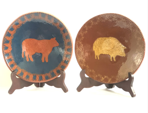 Early Pair of Ned Foltz Art Pottery Redware Plates - Cow and Pig c. 1982 & 1983
