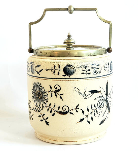 Antique English Biscuit Barrel Blue Floral on Ivory c. 1800's