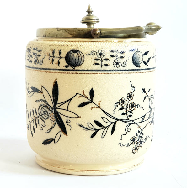 Antique English Biscuit Barrel Blue Floral on Ivory c. 1800's