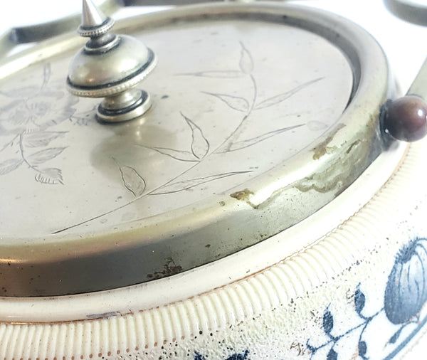 Antique English Biscuit Barrel Blue Floral on Ivory c. 1800's