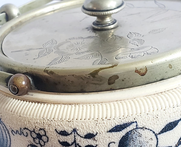 Antique English Biscuit Barrel Blue Floral on Ivory c. 1800's
