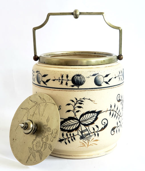 Antique English Biscuit Barrel Blue Floral on Ivory