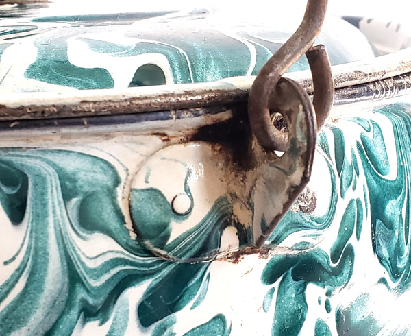 Rare Larger Antique Chrysolite Graniteware Kettle w/ Lid Teal & White Swirl c. Late 1800's