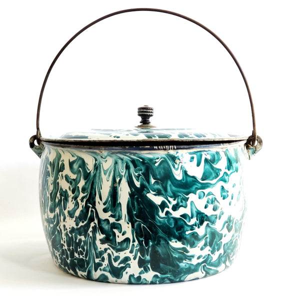Rare Larger Antique Chrysolite Graniteware Kettle w/ Lid Teal & White Swirl c. Late 1800's