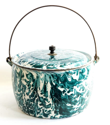 Rare Larger Antique Chrysolite Graniteware Kettle w/ Lid Teal & White Swirl c. Late 1800's