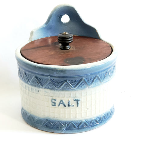 Antique Stoneware Salt Box, Round Blue and White Wall or Table Mount