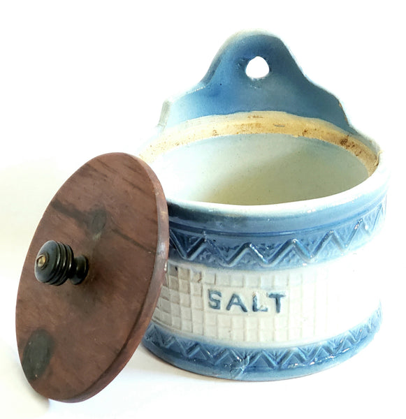 Antique Stoneware Salt Box, Round Blue and White Wall or Table Mount
