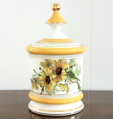 Italian Yellow Daisies on White Porcelain Lidded Jar