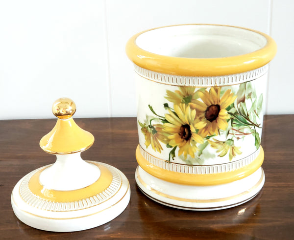 Italian White Porcelain Lidded Jar with Yellow Daisies by Florentine