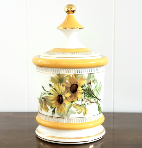 Italian White Porcelain Lidded Jar with Yellow Daisies by Florentine
