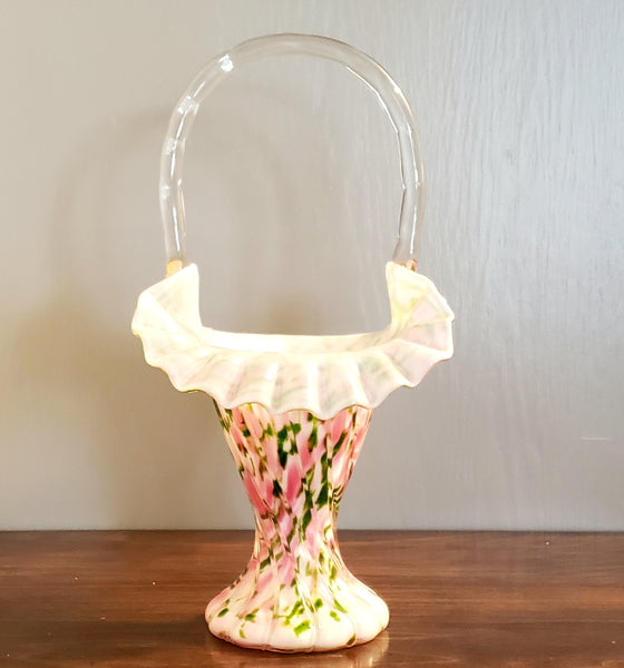 Fenton 11" Handled Basket Rose and Green Aventurine Vasa Murrhin Art Glass ~ Mid Century